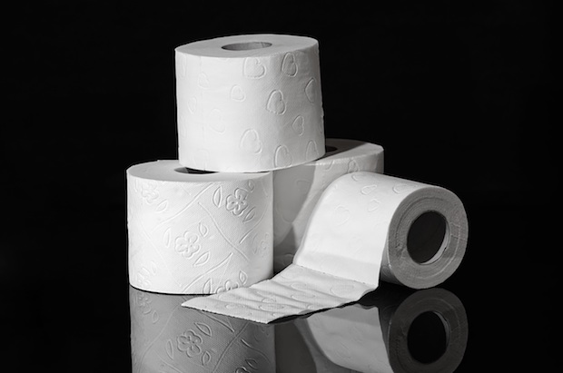 A black and white image of rolls of toilet paper