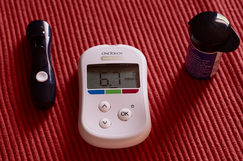 A glucose meter used to test blood sugar